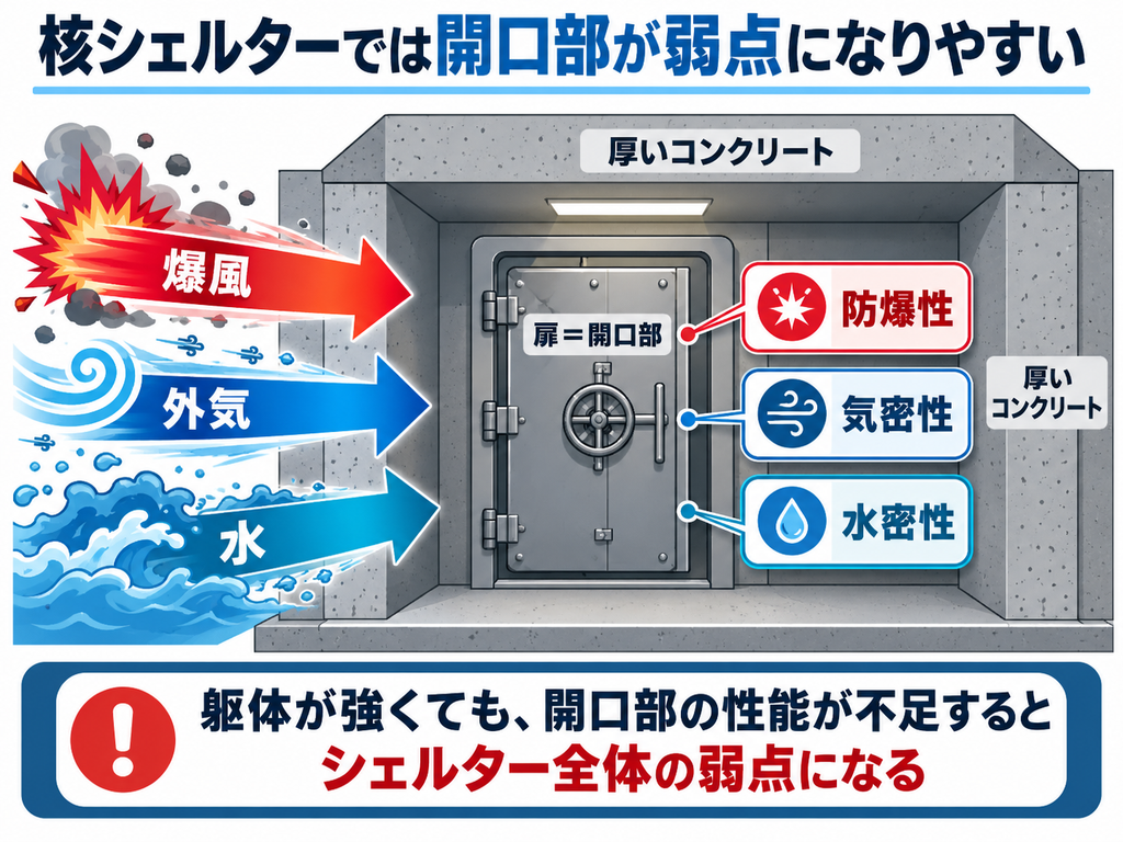 核シェルターでは出入口となる扉が爆風・外気・浸水の侵入経路になりやすいことを示した図解