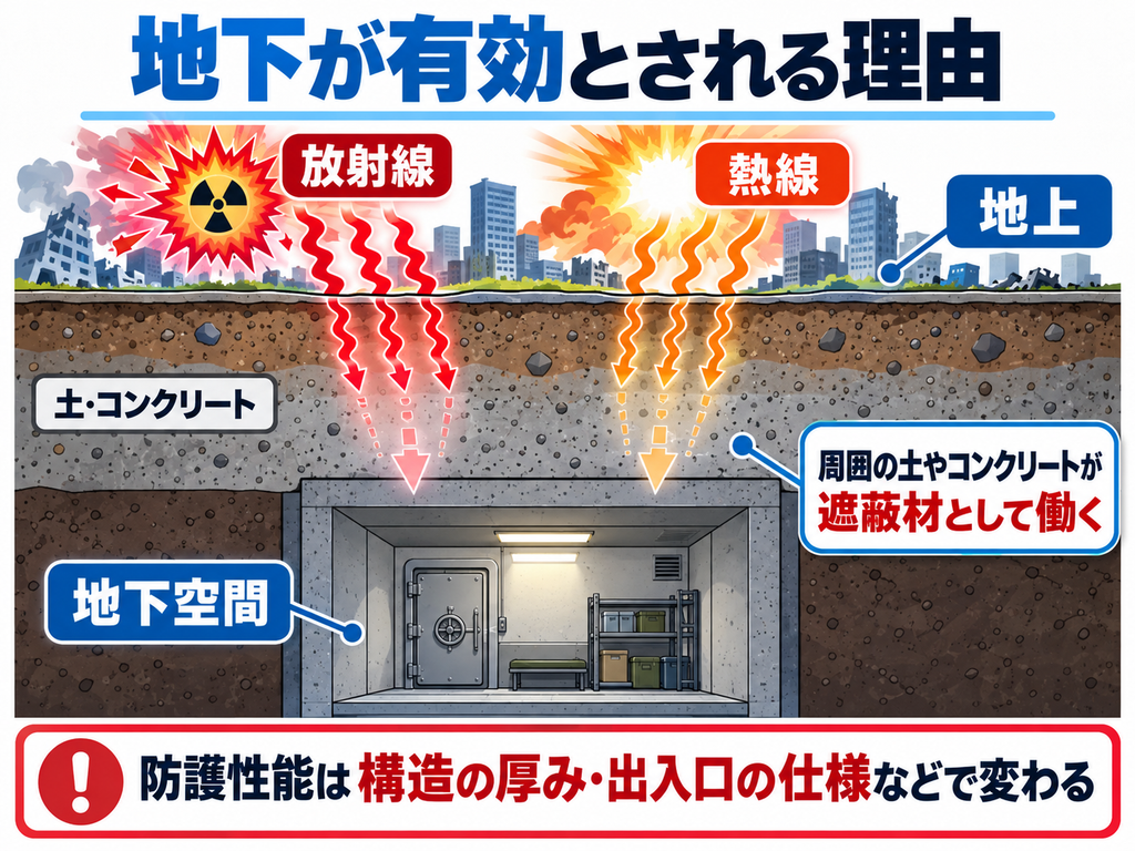 核シェルターを平時の駐車場や施設として利用しながら有事の避難空間として備えるデュアルユースの図解 