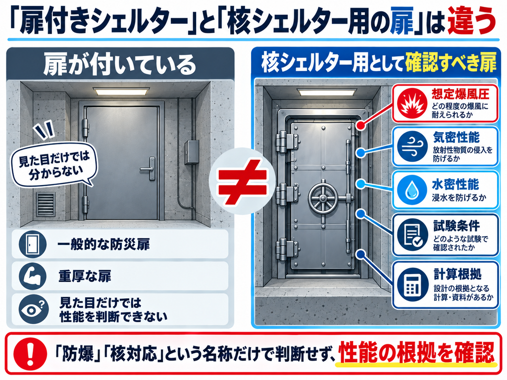 扉が付いたシェルターと性能根拠を確認した核シェルター用防爆扉の違いを示した比較図