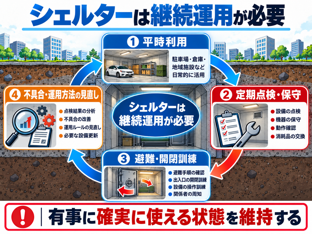 核シェルターを平時利用・点検・訓練・見直しによって継続的に維持する運用サイクルの図解